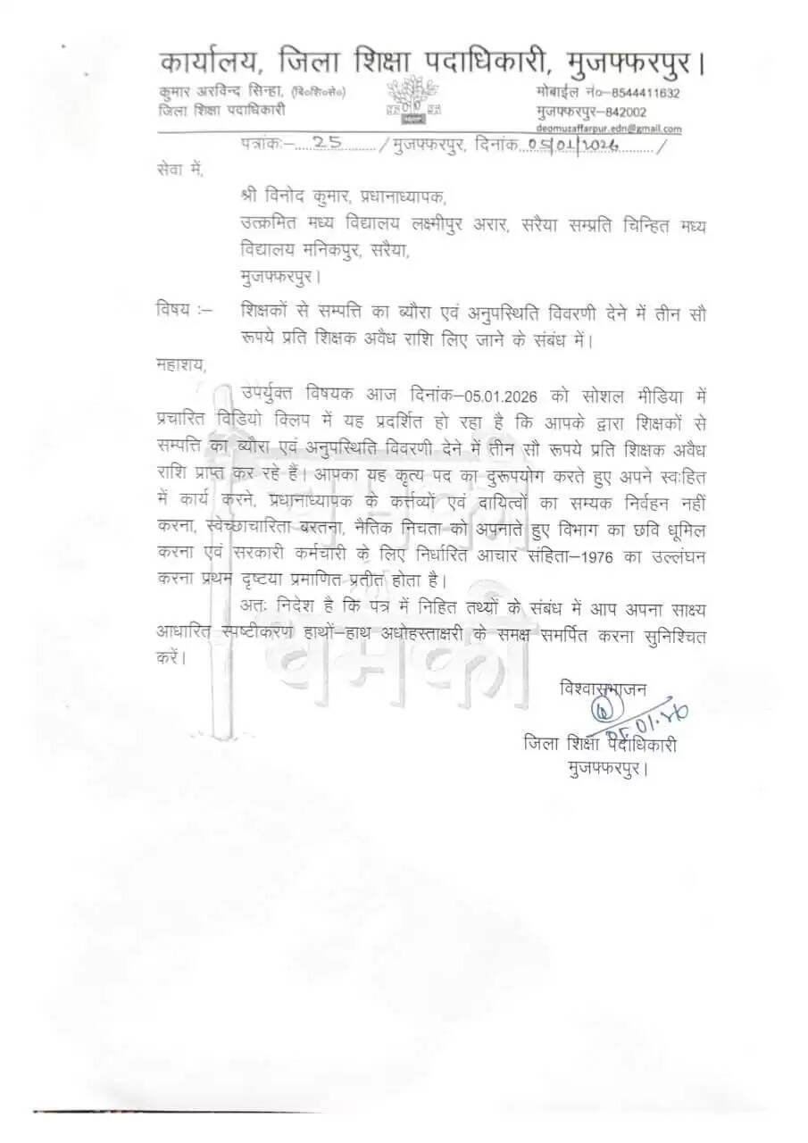 शिक्षकों से अवैध उगाही के आरोप में प्रधानाध्यापक को नोटिस, वीडियो वायरल होने के बाद शिक्षा विभाग सख्त