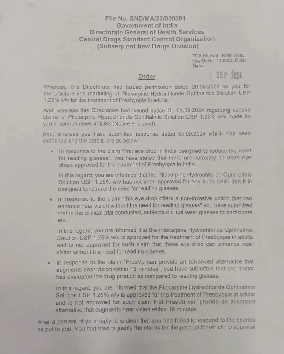 चश्मा हटा देने का दावा करने वाली प्रेसवू आई ड्रॉप के निर्माण और मार्केटिंग पर सीडीएससीओ ने लगाई रोक