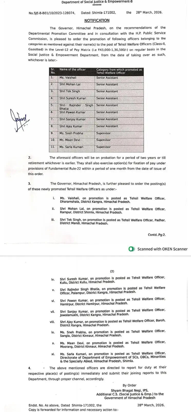 हिमाचल में 11 वरिष्ठ सहायक एवं पर्यवेक्षक बने तहसील कल्याण अधिकारी