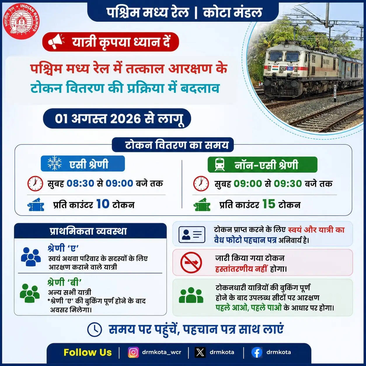 पश्चिम मध्य रेल में तत्काल आरक्षण के लिए टोकन वितरण प्रक्रिया में बदलाव 01 अगस्त से