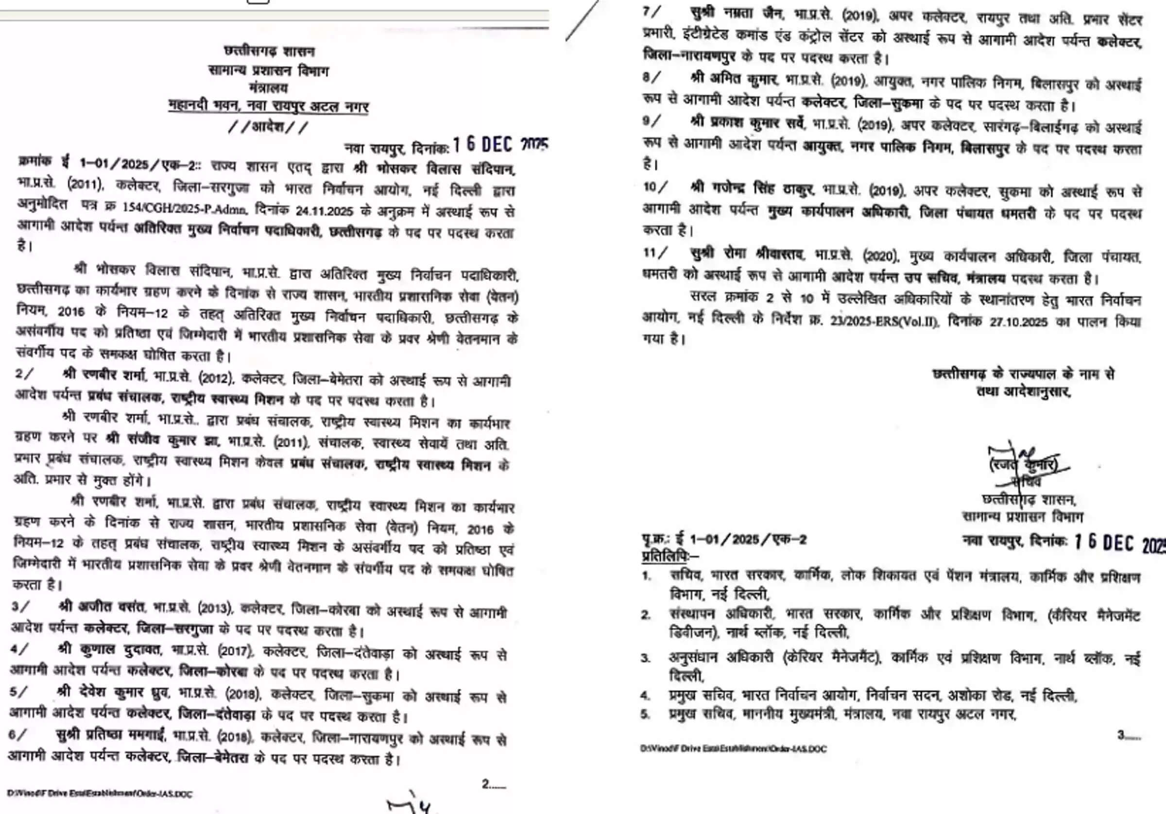 छत्तीसगढ़ में 11&nbsp;आईएएस&nbsp;का तबादला,&nbsp;भोसकर विलास बनाए गए अतिरिक्त मुख्य निर्वाचन अधिकारी
