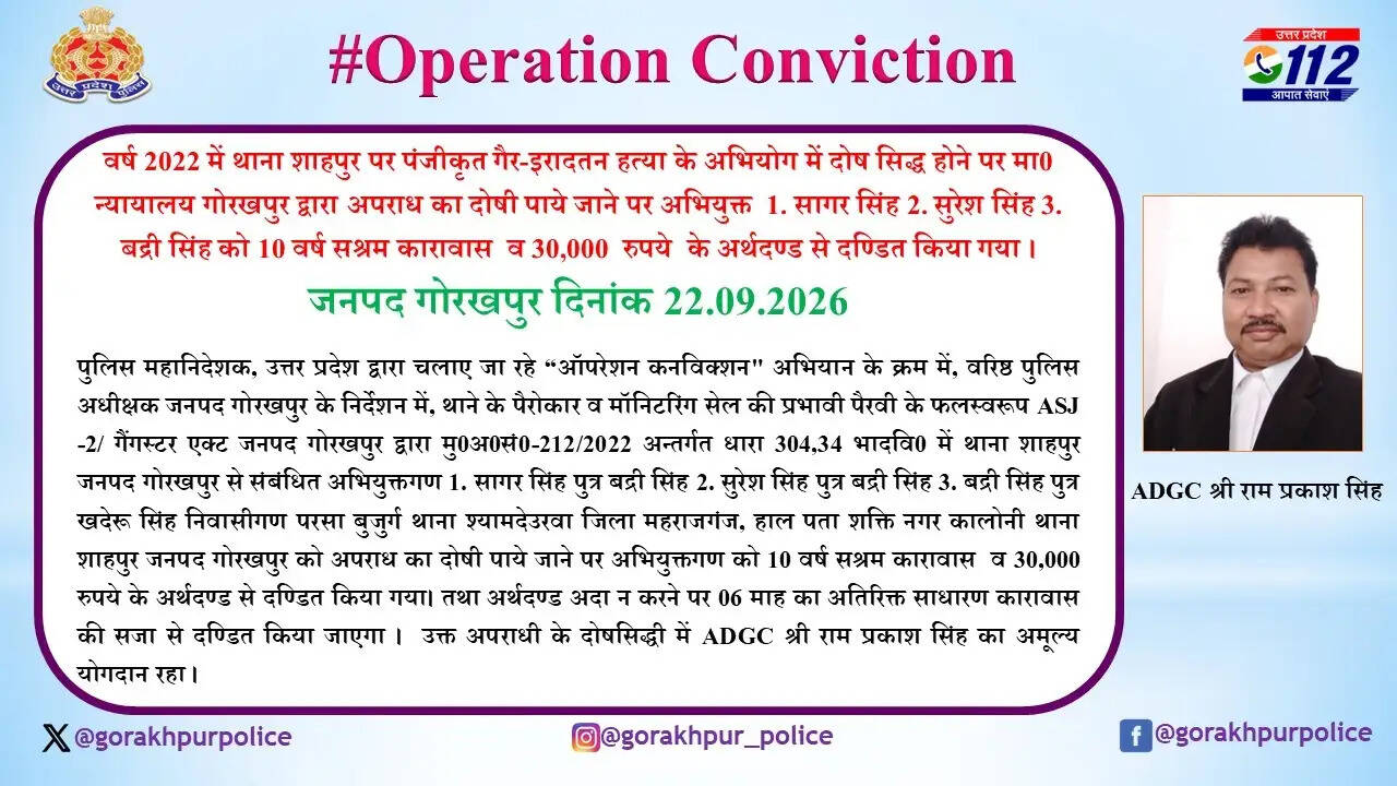 गोरखपुर : गैर-इरादतन हत्या के मामले में तीन दोषियों को 10-10 वर्ष का सश्रम कारावास