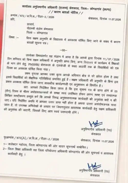 बिना अनुमति छुट्टी मामले में एसडीएम ने प्राचार्य को कारण बताओ नोटिस किया जारी