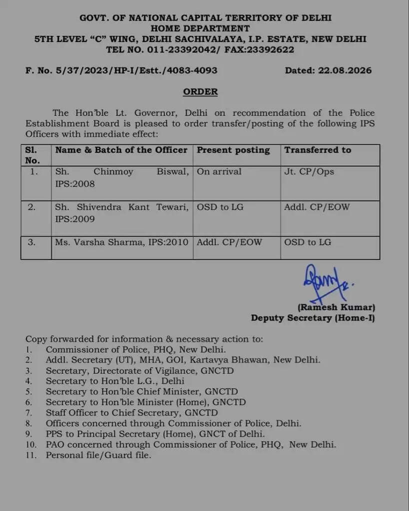 दिल्ली में तीन आईपीएस अधिकारियों का हुआ तबादला