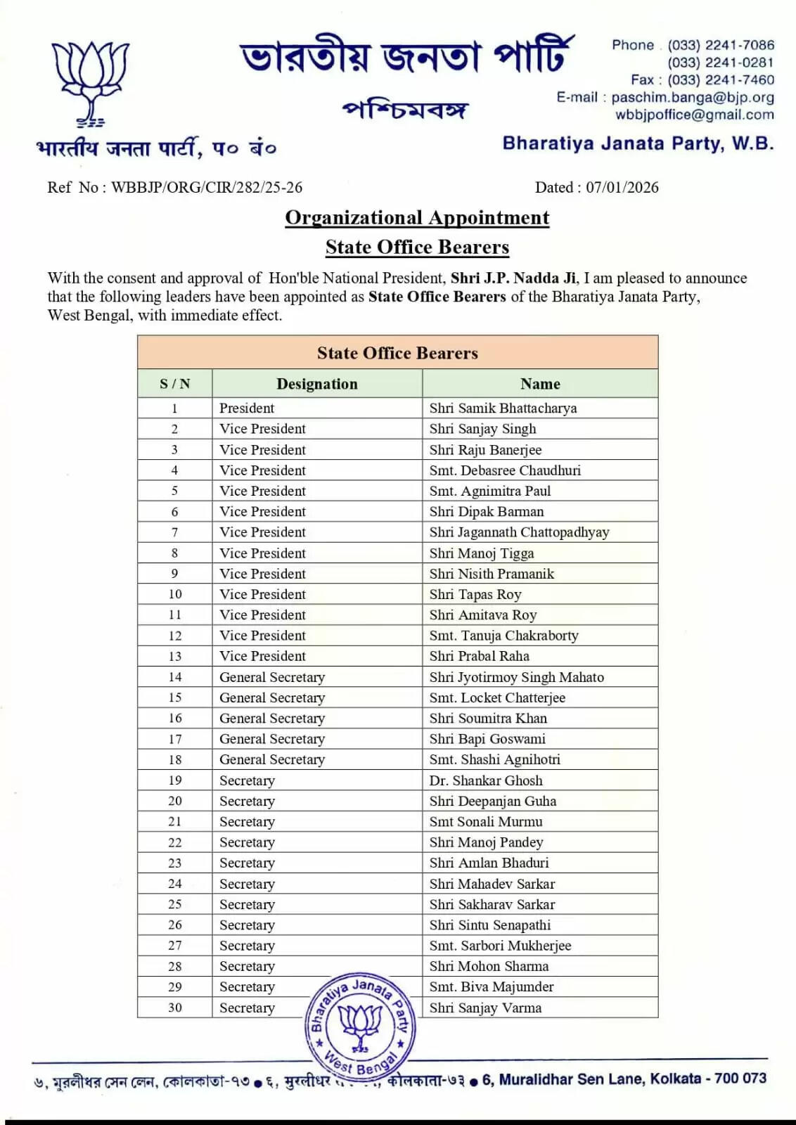 बंगाल भाजपा ने किया नई कार्यकारिणी का ऐलान, देवश्री-अग्निमित्रा-निशिथ प्रमाणिक को जगह