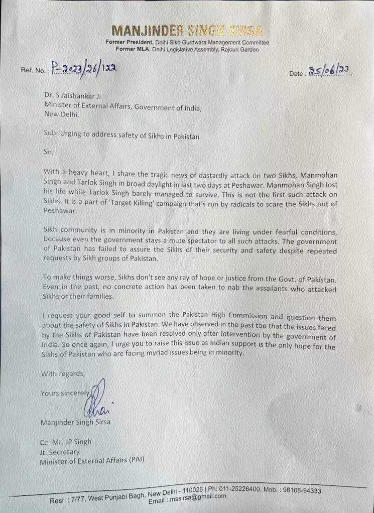 सिरसा ने लिखा विदेश मंत्री को पत्र, कहा- पाकिस्तानी उच्चायोग के समक्ष उठाएं सिखों पर हमले का मुद्दा