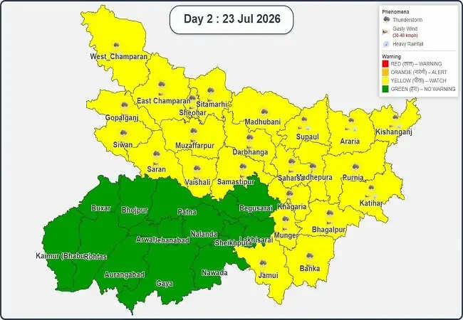 25 से 28 जुलाई के बीच बिहार के कई जिलों में भारी बारिश की चेतावनी