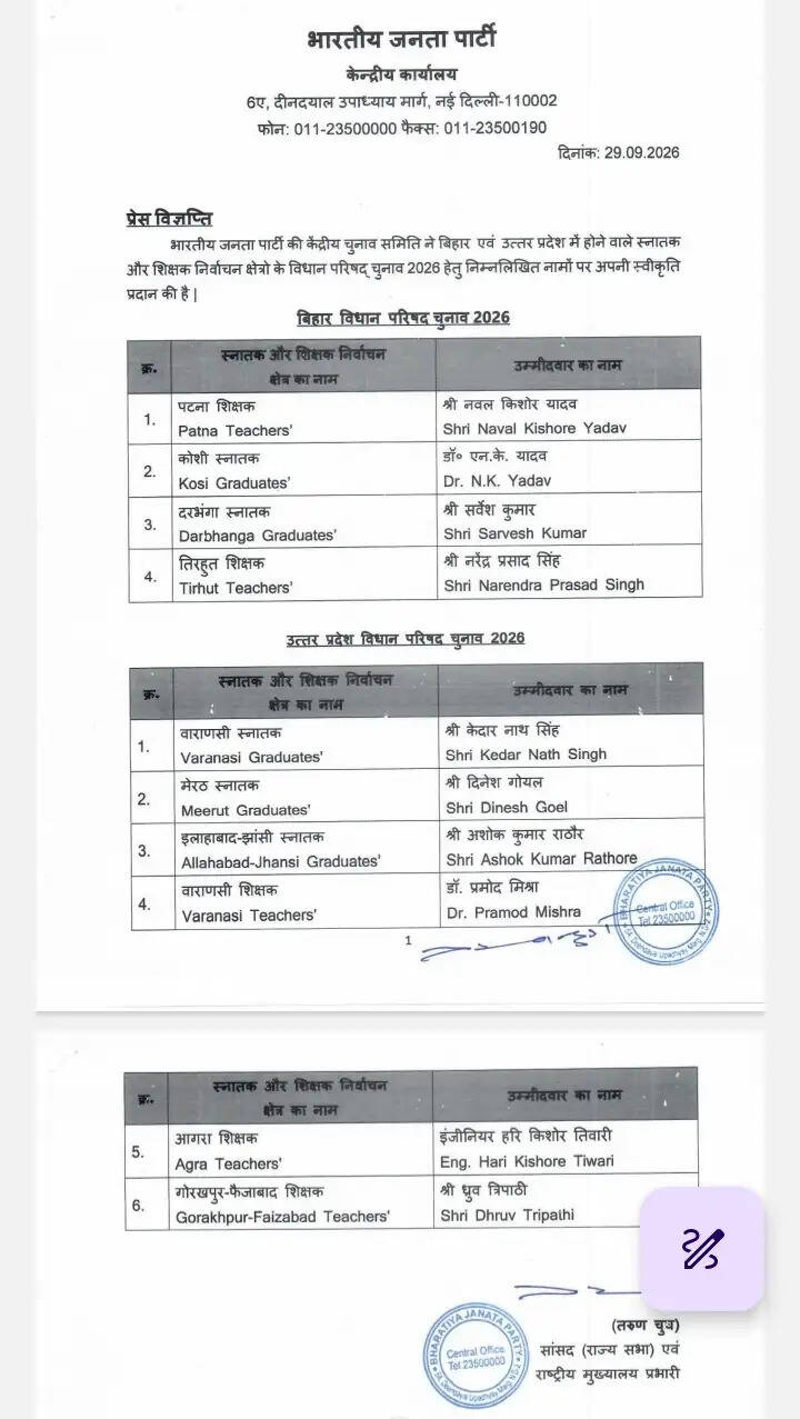 भाजपा ने उत्तर प्रदेश, बिहार विधान परिषद की 10 सीटों के लिए उम्मीदवार घोषित किये