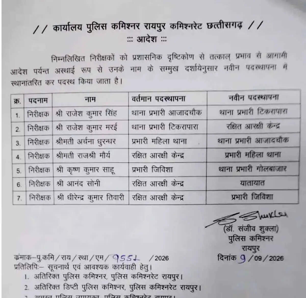 रायपुर पुलिस में बड़ा फेरबदल, सात थाना प्रभारियों का तबादला आदेश जारी