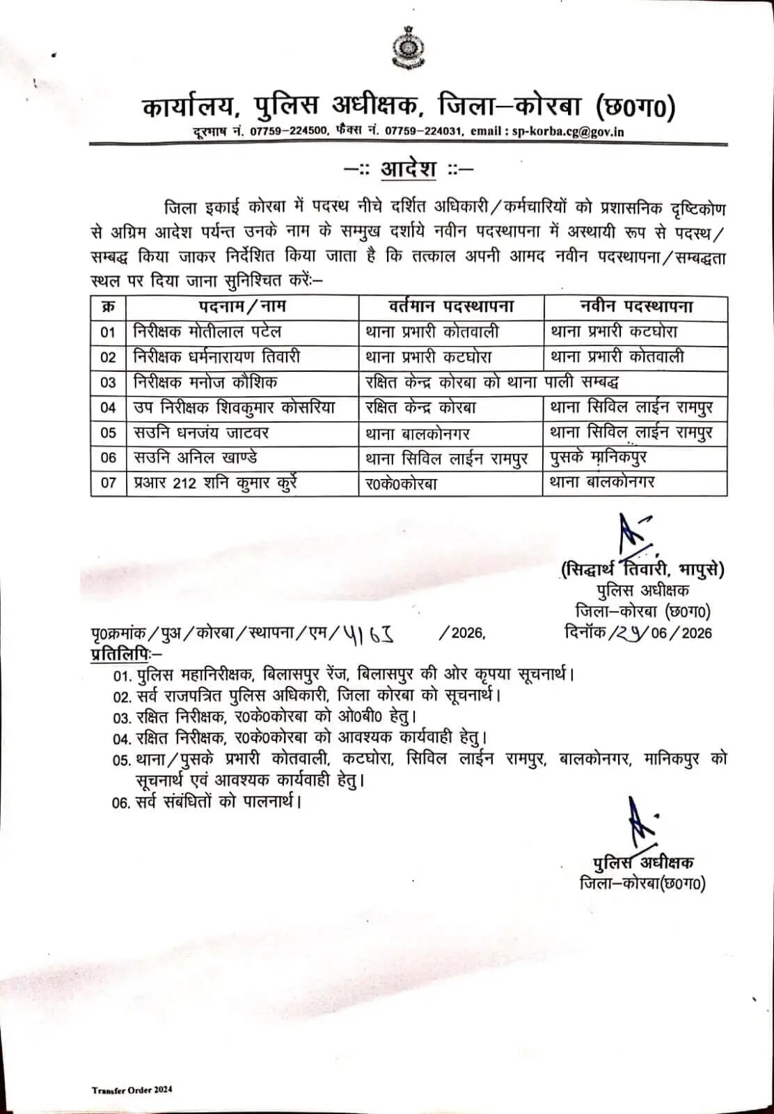 कोरबा पुलिस विभाग में बड़ा फेरबदल, सात अधिकारियों-कर्मचारियों के तबादले