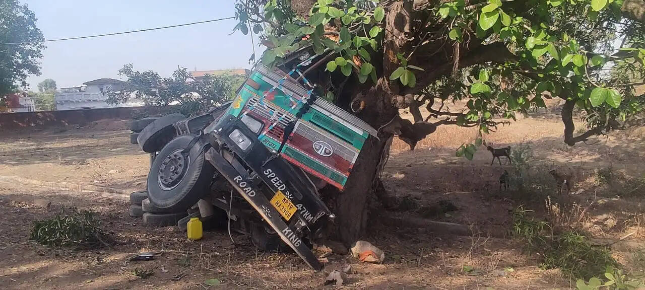 रफ्तार का कहर: सीमेंट से भरा ट्रक पेड़ से टकराकर पलटा, चालक गंभीर घायल