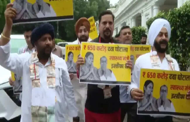 आआपा विधायकों ने दवा घोटाले पर विधानसभा के बाहर किया प्रदर्शन, मांगा स्वास्थ्य मंत्री का इस्तीफा