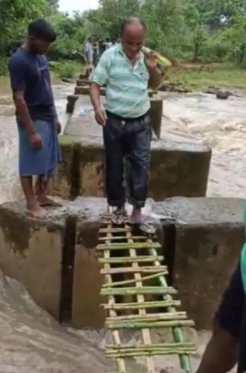 जान जोखिम में डालकर बांस के सहारे सेमलडोड्डी नाला पार करना मजबूरी