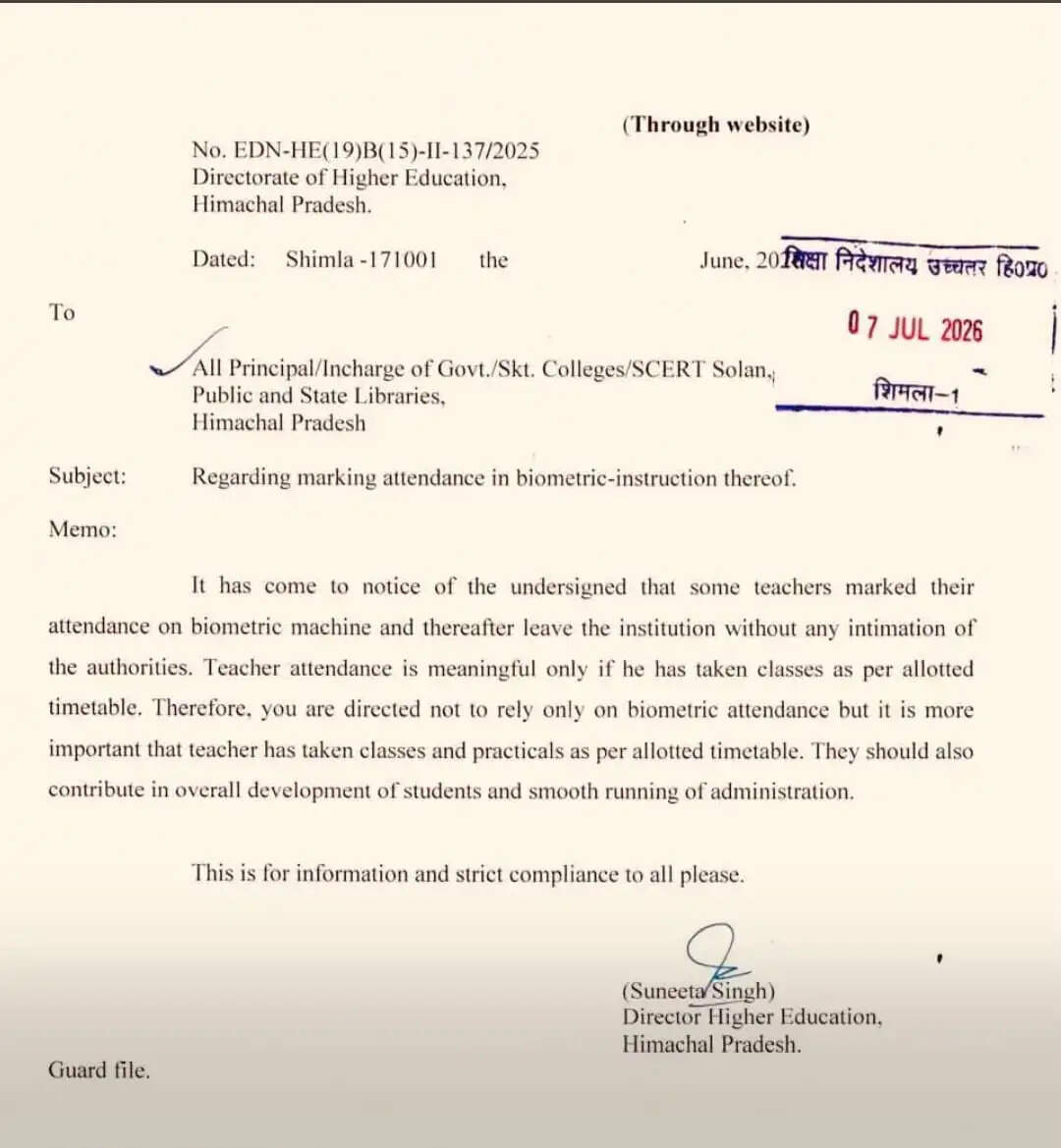 बॉयोमेट्रिक हाजिरी के बाद कॉलेज से गायब होने वाले शिक्षकों पर सख्ती, कक्षाएं लेना अनिवार्य