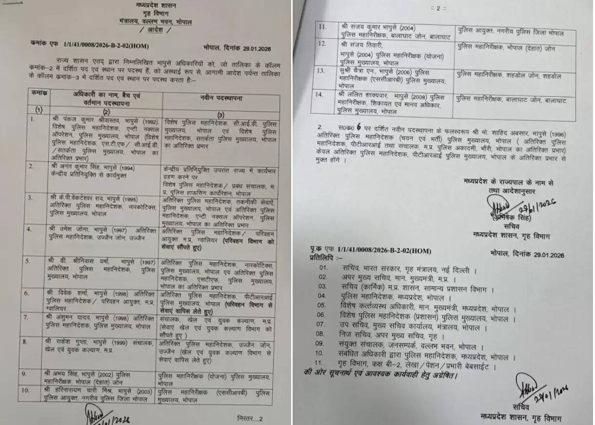 मध्य प्रदेश में 14 आईपीएस अफसरों के तबादले, भोपाल को मिला नया पुलिस कमिश्नर