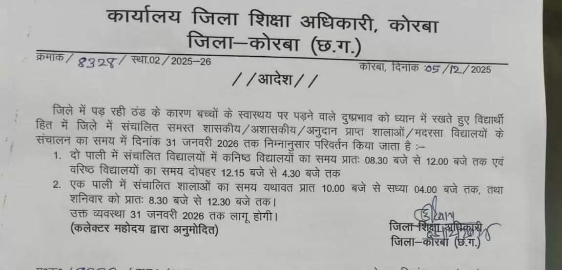 कोरबा में स्कूलों के समय में बदलाव , कलेक्टर ने ठंड को देखते हुए जारी किया आदेश