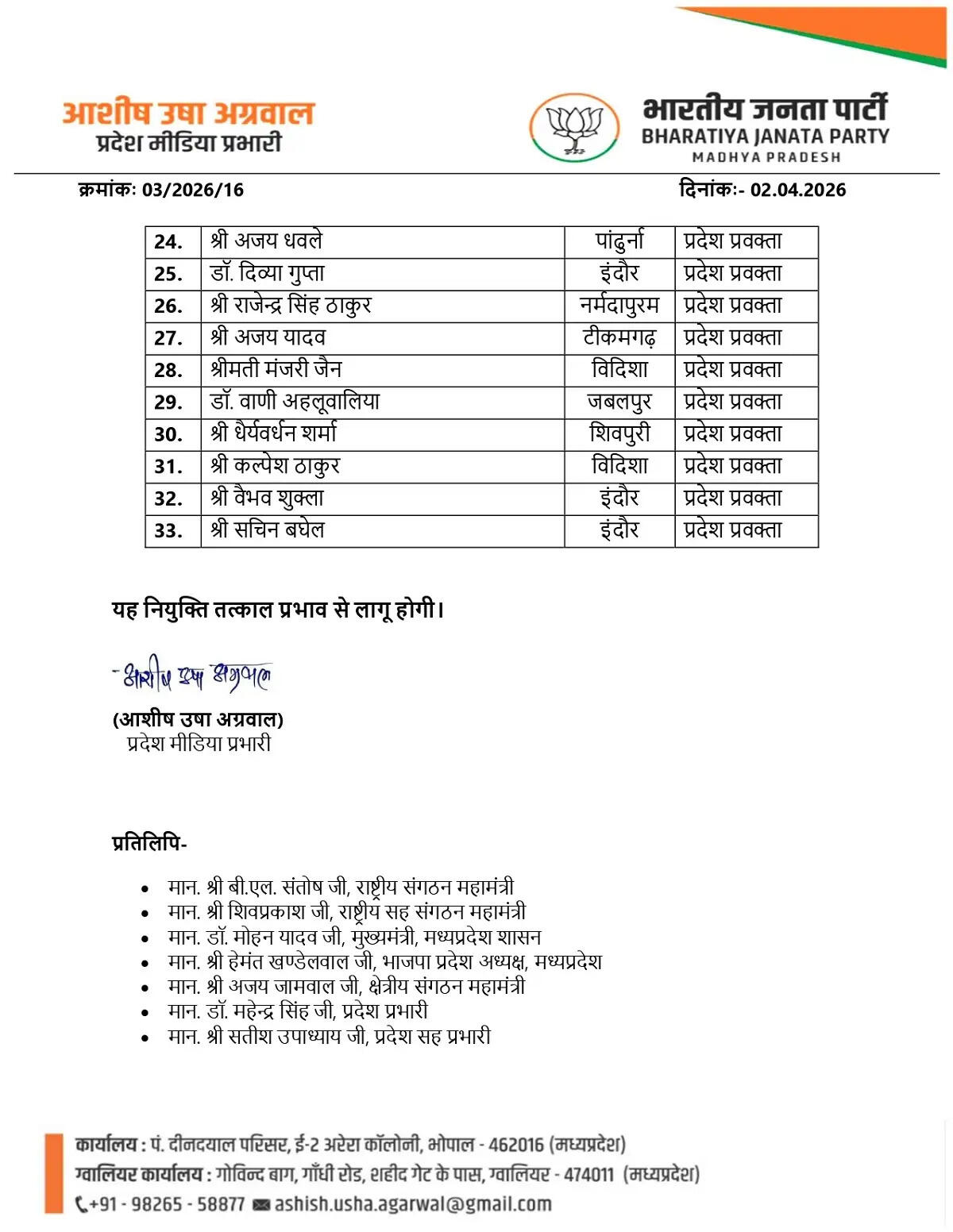 मप्रः भाजपा के प्रदेश प्रवक्ता, सह मीडिया प्रभारी, मीडिया पैनलिस्ट एवं सदस्यों की घोषणा