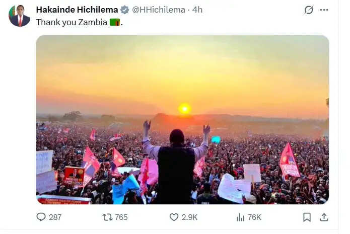 जाम्बिया के राष्ट्रपति हाकाइंडे हिचिलेमा दूसरे कार्यकाल के लिए निर्वाचित
