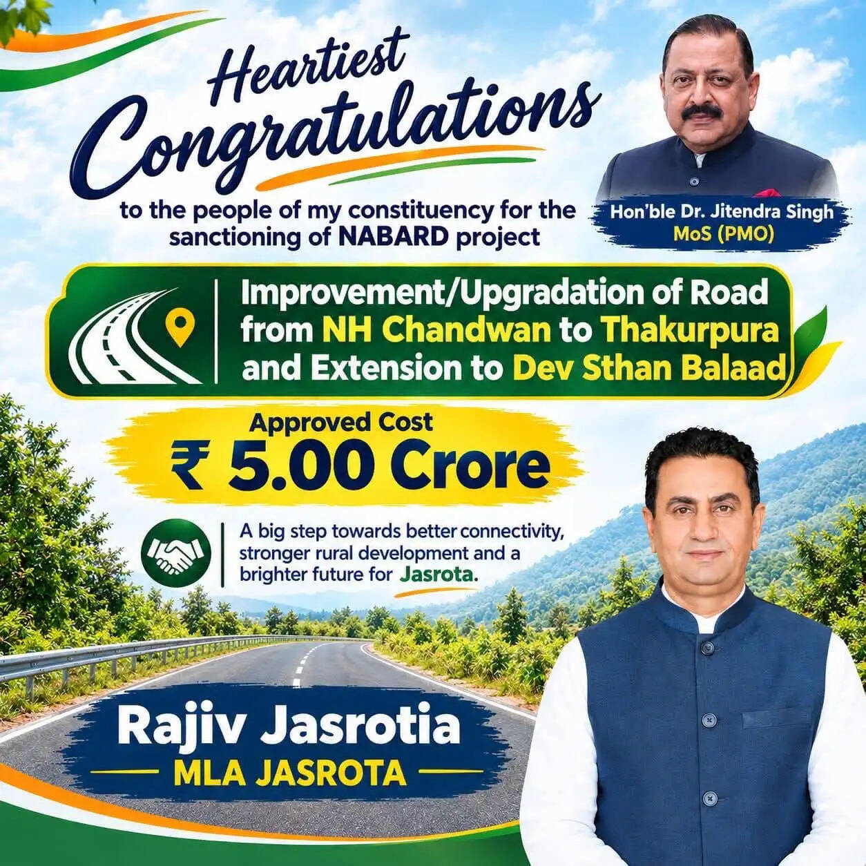 जसरोटा को 5 करोड़ की सौगात, चंदवां-ठाकुरपुरा सड़क का होगा उन्नयन, डॉ. जितेंद्र सिंह का जताया आभार