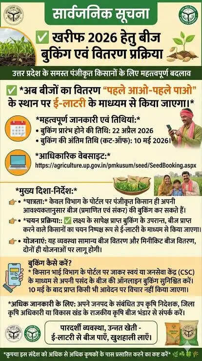 बीजों का वितरण अब ऑनलाईन बुकिंग के बाद ई-लॉटरी से किया जाएगा