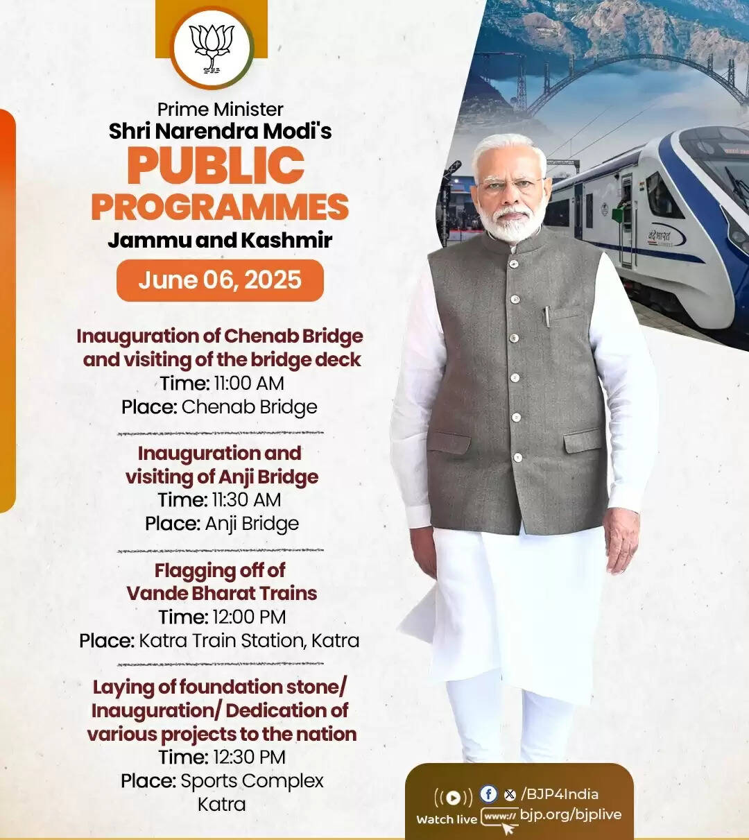 प्रधानमंत्री मोदी आज जम्मू-कश्मीर में चिनाब रेलवे पुल राष्ट्र को करेंगे समर्पित