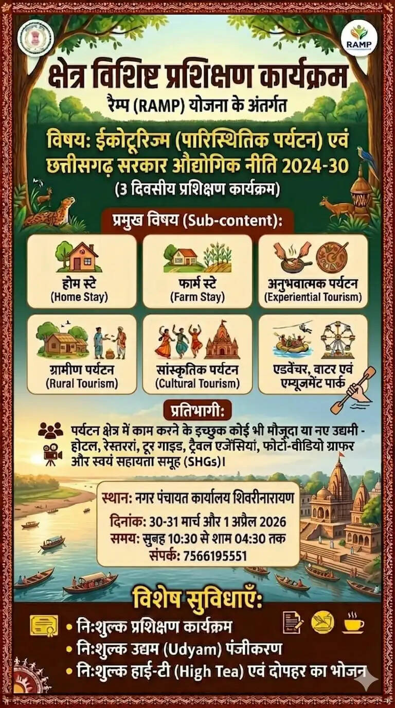 रैंप योजना अंतर्गत शिवरीनारायण में तीन दिवसीय इको टूरिज्म प्रशिक्षण आयोजन 30 से