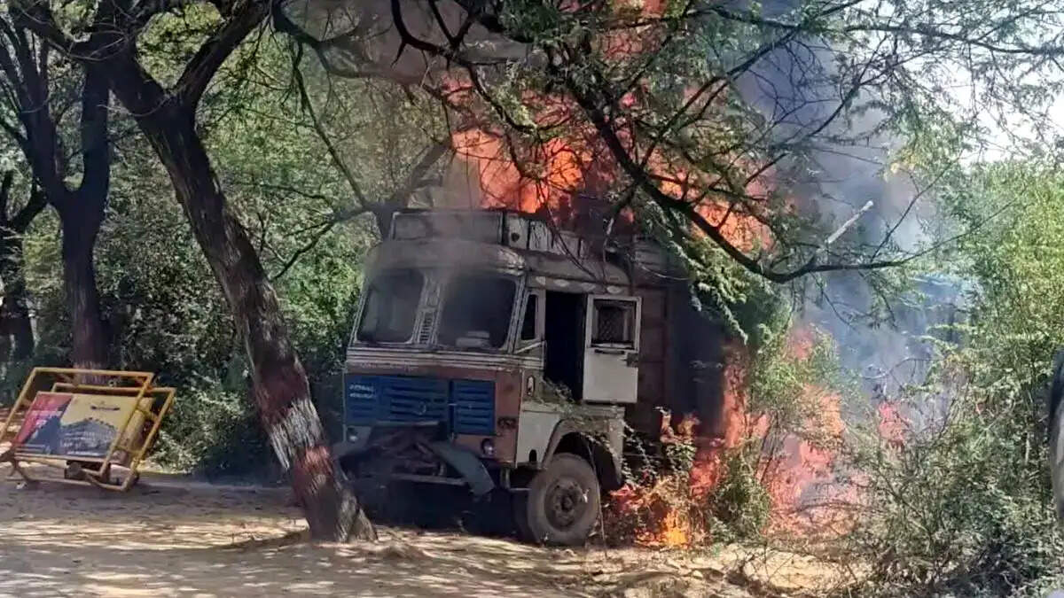 पुलिस चौकी के सामने खड़े ट्रक में लगी भीषण आग, मची अफरा-तफरी