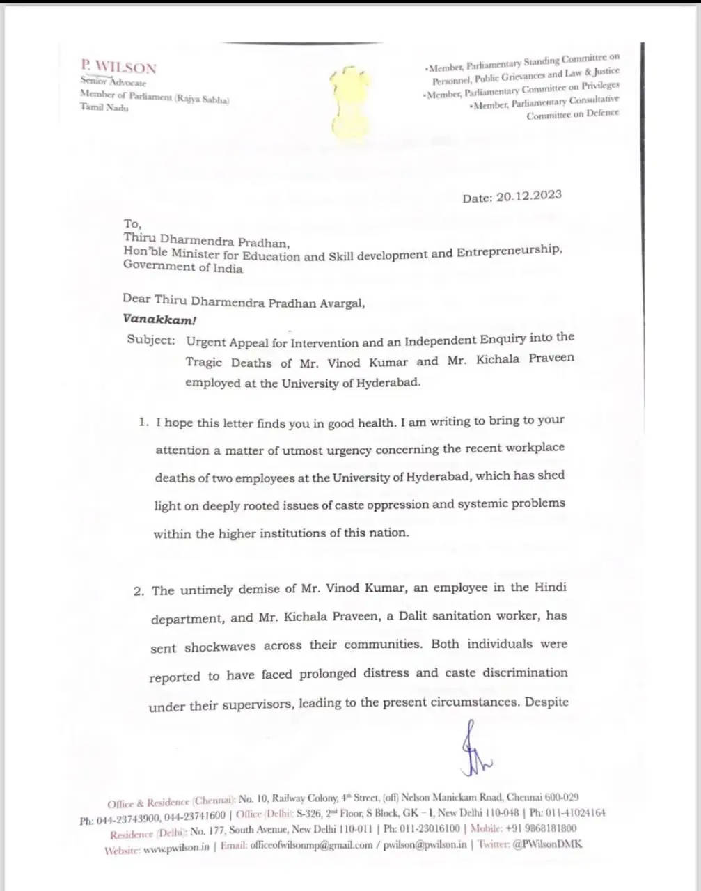 अल्पसंख्यकों के खिलाफ जातीय भेदभाव को संबोधित करने के लिए पी विल्सन ने धर्मेन्द्र प्रधान को लिखा पत्र