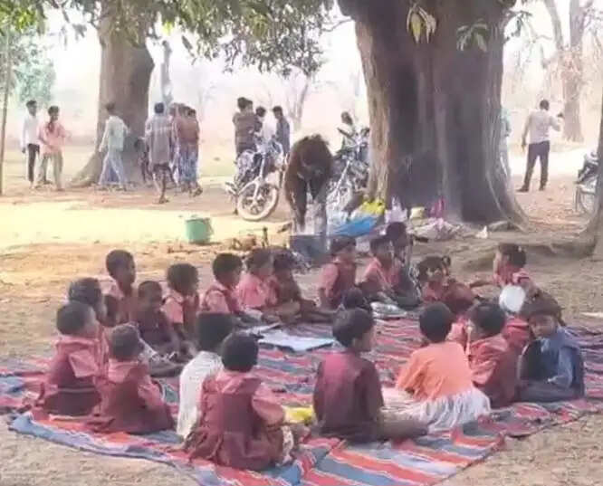 बीजापुर के मुनगा गांव में पेड़ के नीचे चल रहा आंगनबाड़ी केंद्र