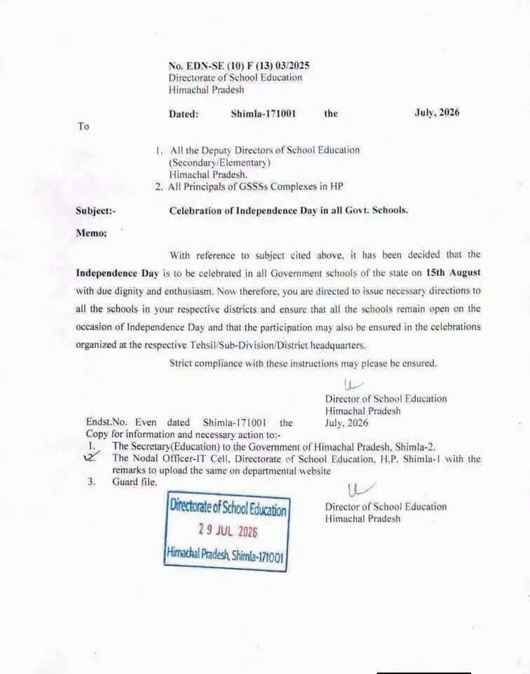 15 अगस्त को नहीं होगी स्कूलों में छुट्टी, प्रदेशभर के सरकारी स्कूलों में होंगे स्वतंत्रता दिवस समारोह