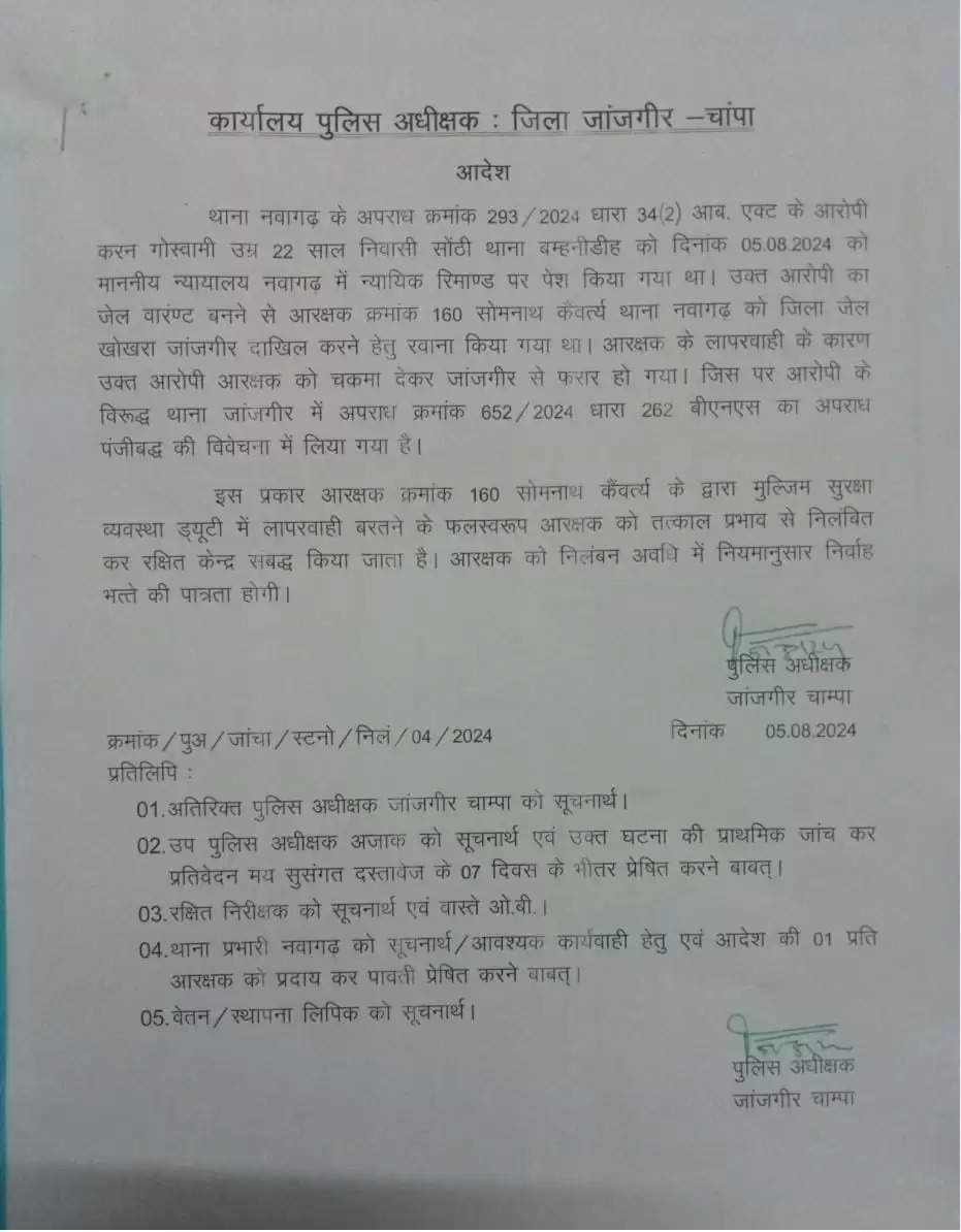 जांजगीर : पुलिस सुरक्षा से भागा आरोपित, एसपी ने लापरवाही बरतने पर आरक्षक को किया निलंबित