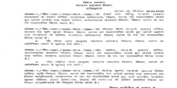 बिहार में आईएएस अधिकारियों का तबादला, लखीसराय के जिलाधिकारी बनाए गए शैलेन्द्र कुमार