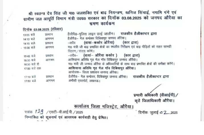 औरैया: जल शक्ति मंत्री स्वतंत्र देव सिंह आज बाढ़ प्रभावित क्षेत्रों का दौरा करेंगे