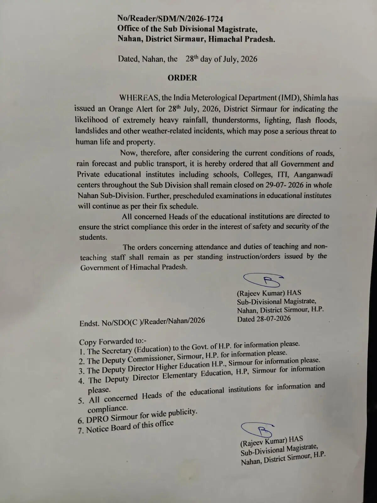 ऑरेंज अलर्ट के चलते नाहन उपमंडल के सभी शिक्षण संस्थान 29 जुलाई को रहेंगे बंद