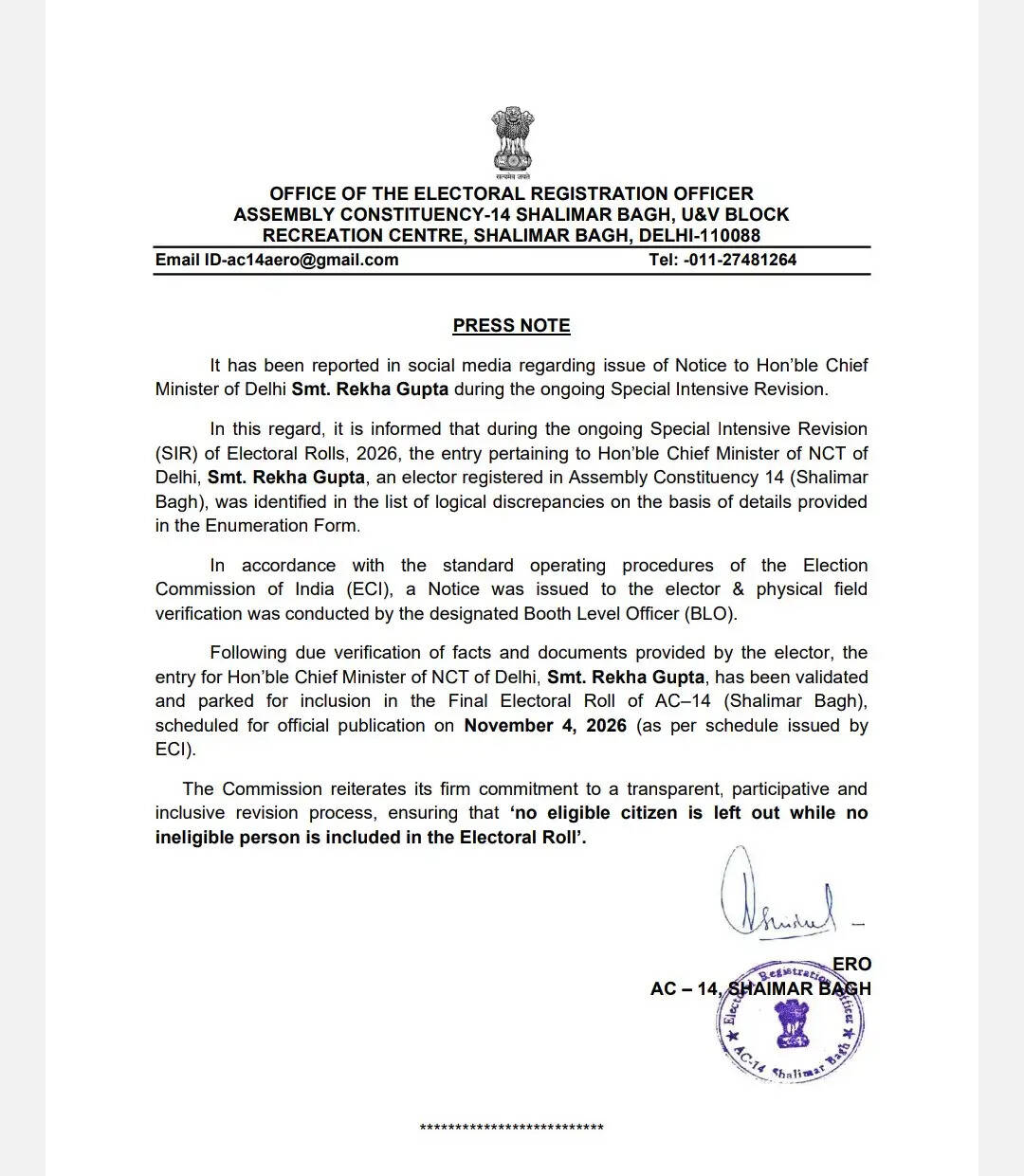(अपडेट) एसआईआर में मुख्यमंत्री रेखा गुप्ता, पूर्व मुख्यमंत्री अरविंद केजरीवाल समेत 31,63,930 को नोटिस