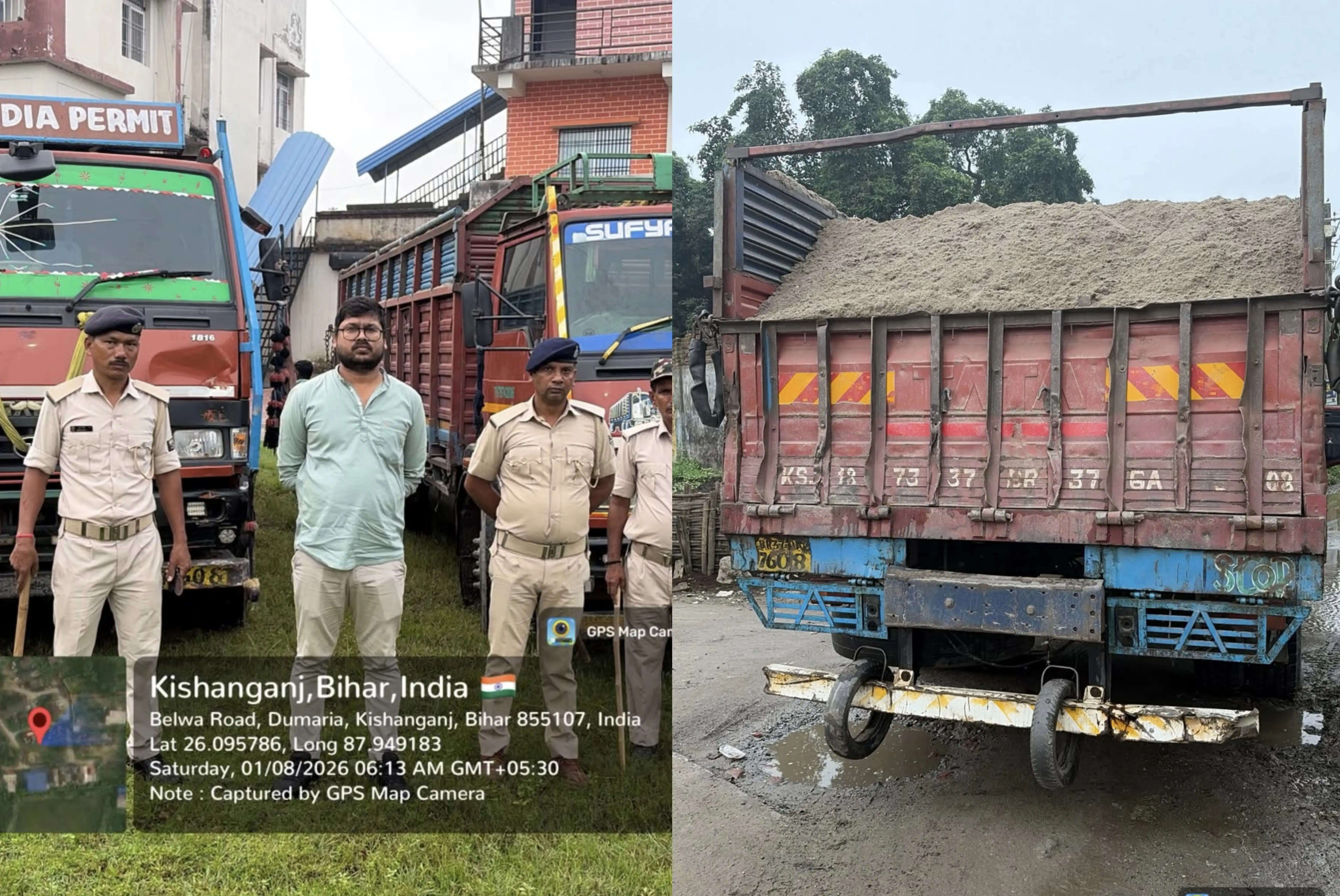 किशनगंज में अवैध बालू परिवहन पर खनन विभाग की बड़ी कार्रवाई, दो डीसीएम ट्रक जब्त