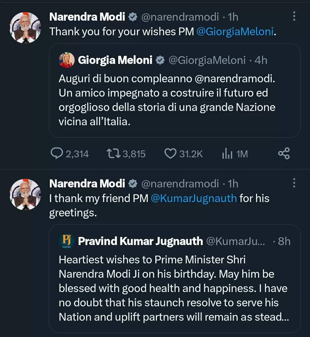 इटली और मॉरीशस के प्रधानमंत्री ने दिया प्रधानमंत्री मोदी को जन्मदिन की शुभकामनाएं