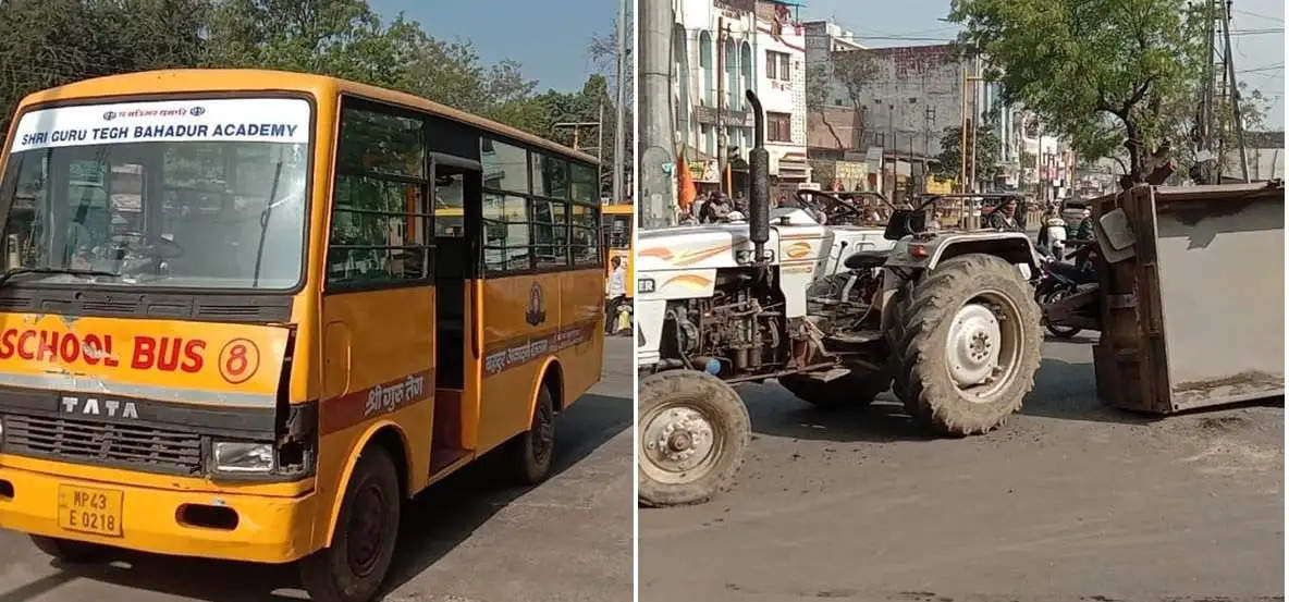 रतलाम: स्कूली बस की टक्कर से एक ट्रैक्टर-ट्राली पलटी, बाइक सवार की मौत