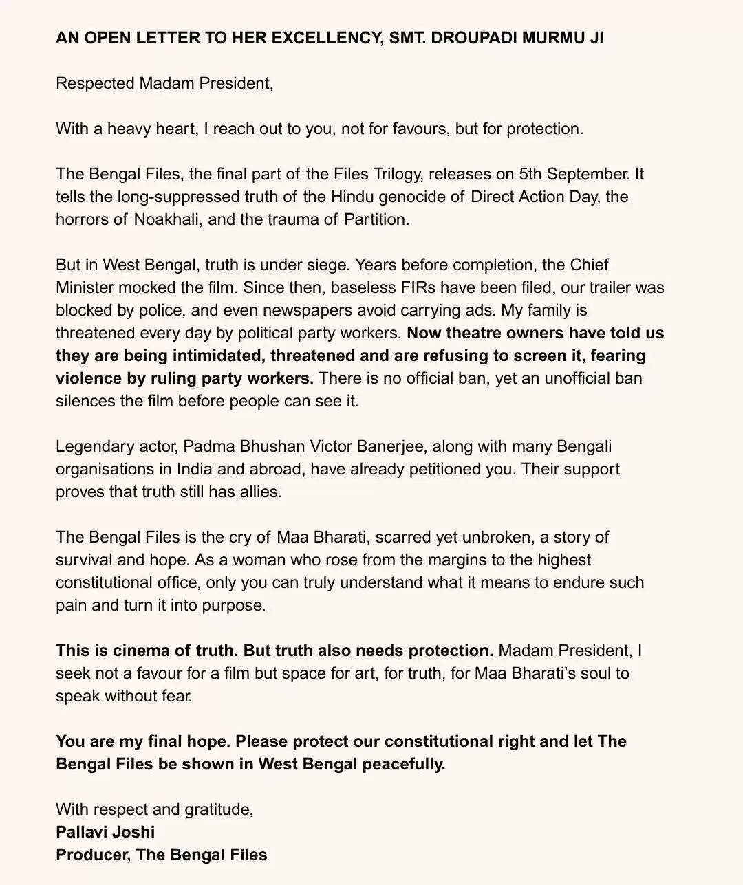 `द बंगाल फाइल्स' पश्चिम बंगाल में नहीं हो पा रही रिलीज, निर्माता ने राष्ट्रपति से लगाई गुहार