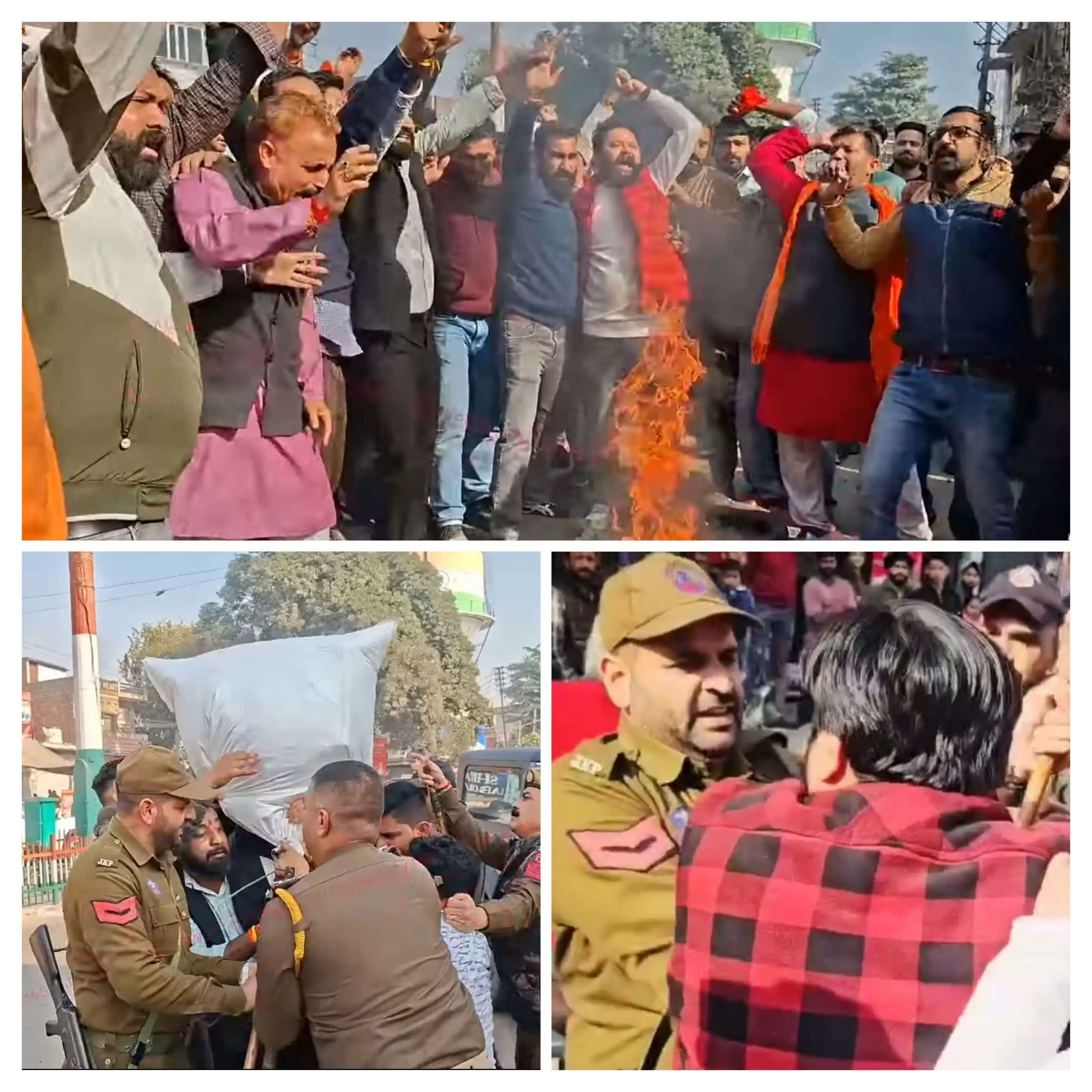 श्री माता वैष्णो देवी संघर्ष समिति कठुआ ने सरकार का पुतला जलाकर किया विरोध प्रदर्शन, प्रदर्शनकारियों और पुलिस के बीच धक्का-मुक्की