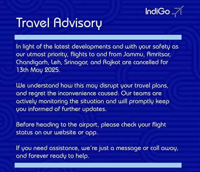 इंडिगो ने 13 मई के लिए जारी की यात्रा चेतावनी, जम्मू, अमृतसर, श्रीनगर समेत 6 शहरों की उड़ानें रद्द