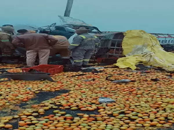 कोहरे के चलते टमाटर लदा पिकअप डिवाइडर से टकराकर पलटा, दो युवक फंसे