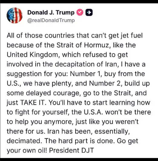 पश्चिमी देशों पर ट्रंप का निशाना, अमेरिका से खरीदें तेल या होर्मुज पर कब्जा करें