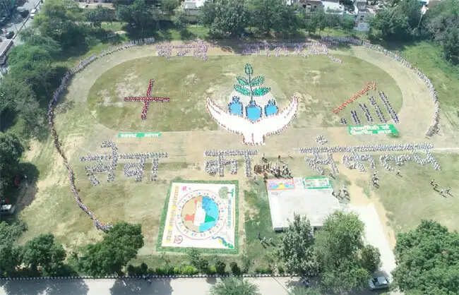 नारनाैल के आईटीआई मैदान में 3500 बच्चों ने बनाई मानव रंगोली