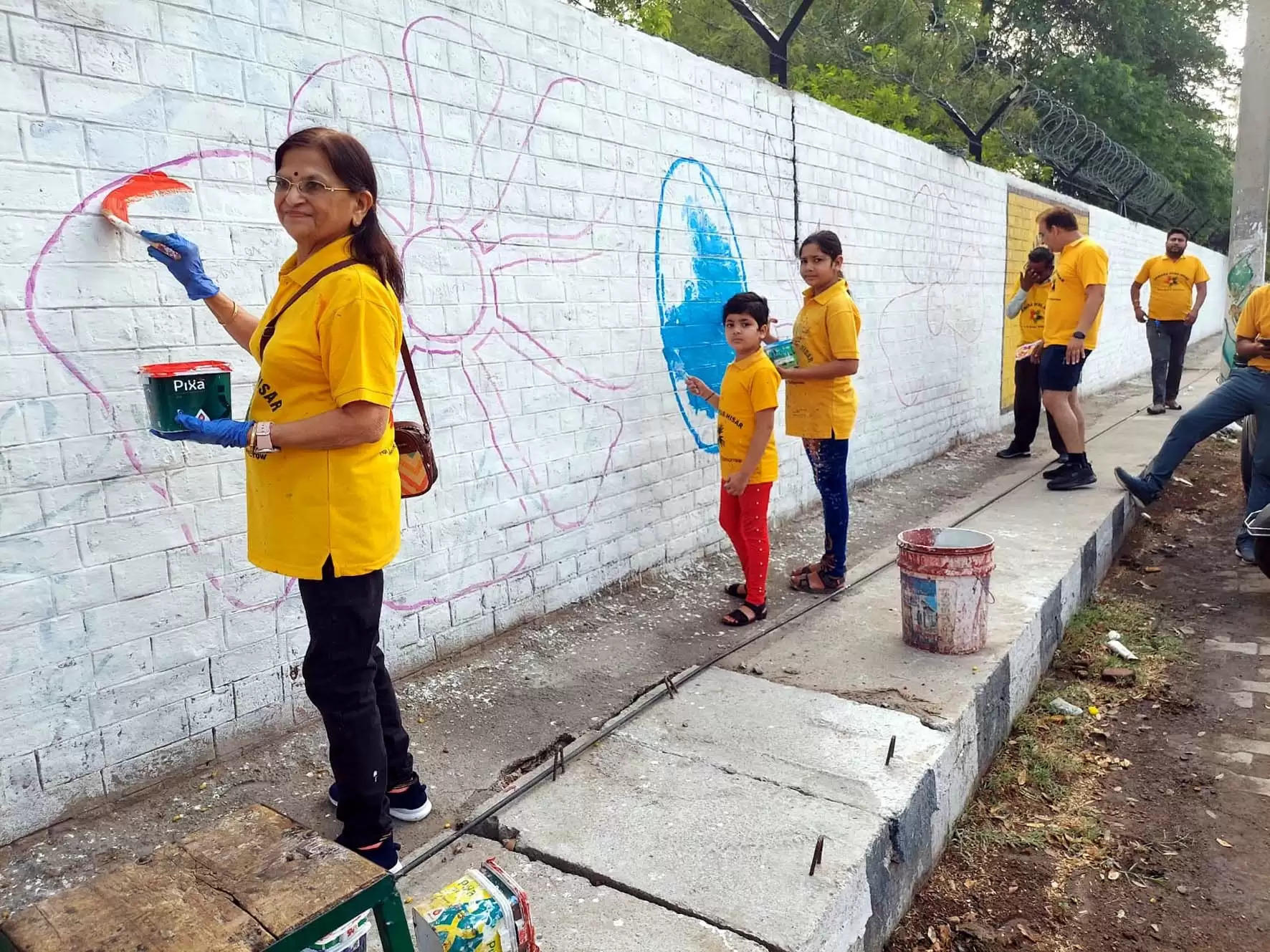 हिसार : विद्युत नगर की दीवार को रंग बिरंगी फूल-पत्तियों की कलाकृतियों से सजाया