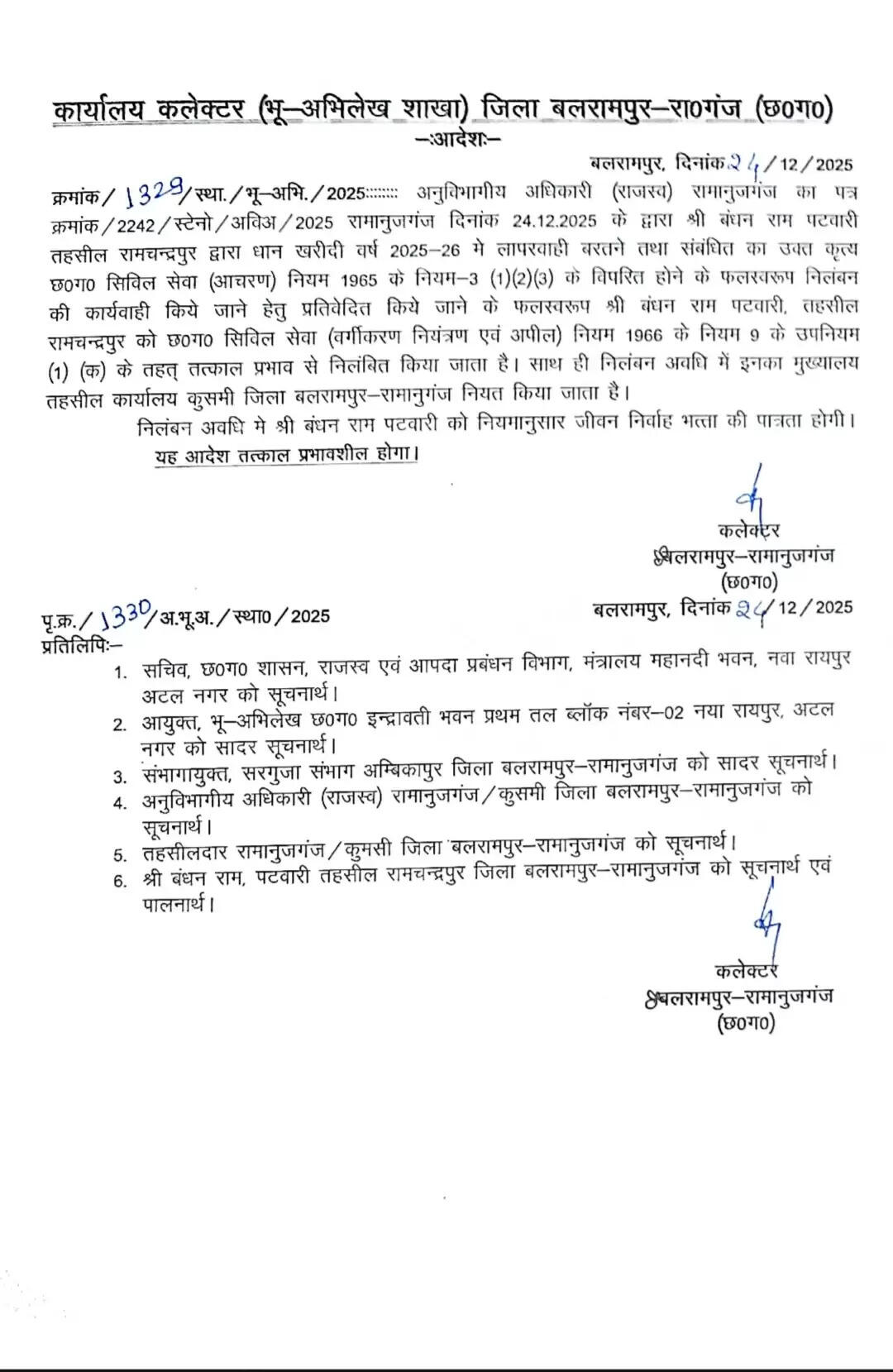 बलरामपुर : धान खरीद व निर्वाचन कार्य में लापरवाही करने&nbsp;वाले&nbsp;दो पटवारी निलंबित