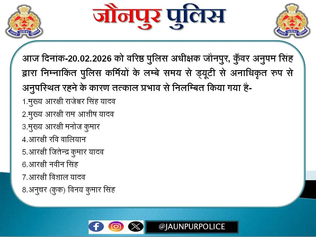 वरिष्ठ पुलिस अधीक्षक ने अनुपस्थित चल रहे आठ पुलिसकर्मियों को किया निलंबित