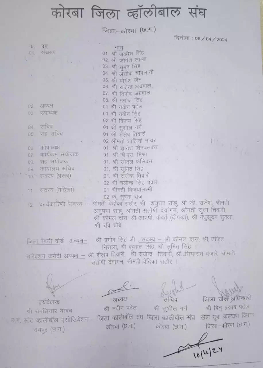 कोरबा: जिला व्हॉलीबॉल संघ के अध्यक्ष चुने गए नवीन पटेल, सचिव बने सुशील गर्ग