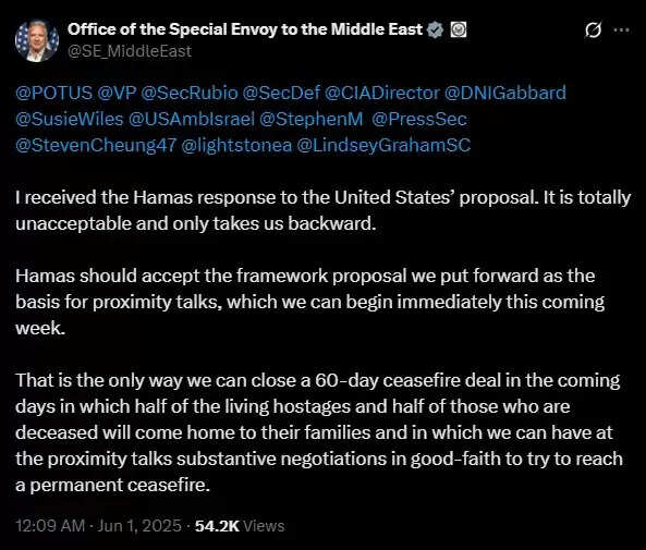 मध्यपूर्व में शांति प्रयासों को झटका: अमेरिकी दूत विटकॉफ ने हमास की प्रतिक्रिया को 'अस्वीकार्य' बताया