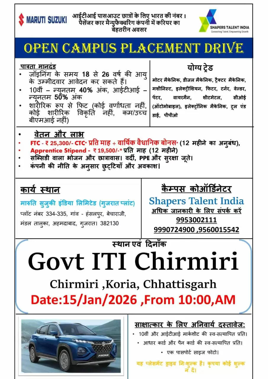एमसीबी: आईटीआई पास युवाओं के लिए रोजगार का मौका, 15 जनवरी को मारुति सुजुकी का ओपन कैंपस प्लेसमेंट